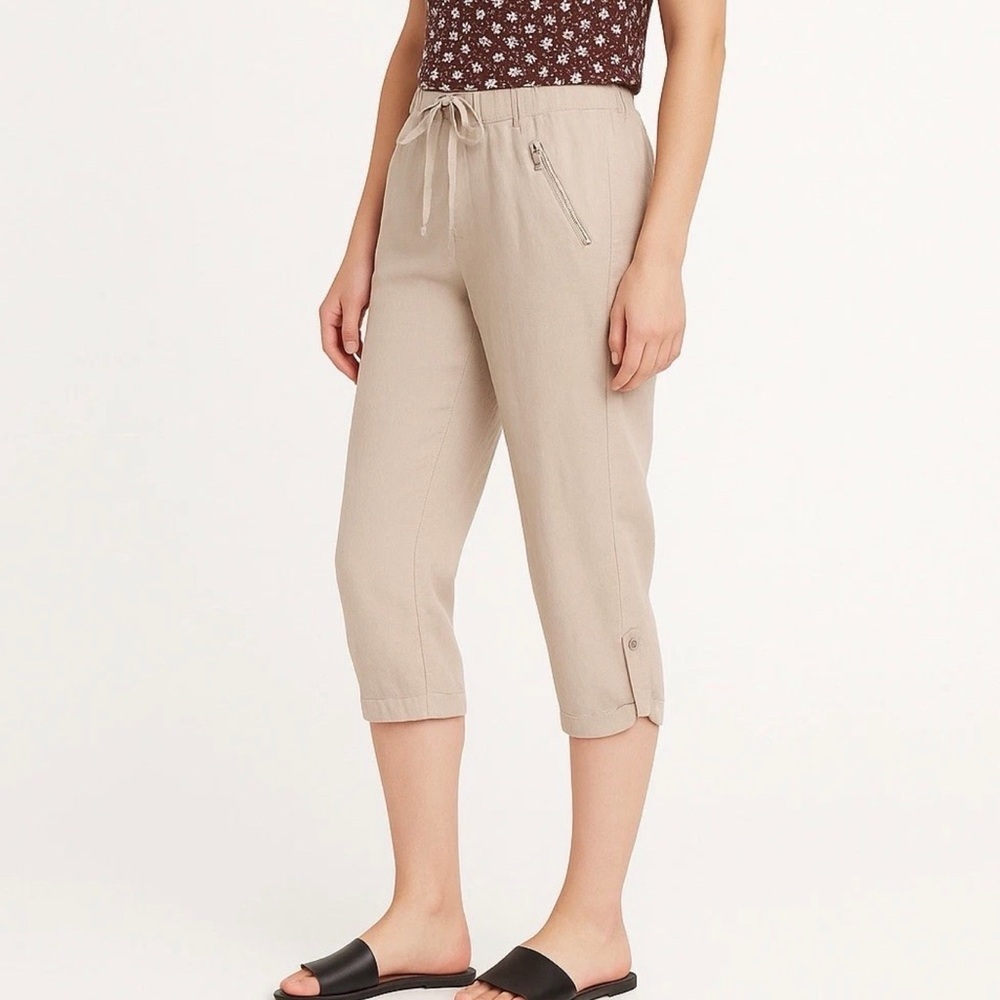 Women's New York & Co Linen Blend Waist‎ Tie Beige Capri Pants Size XS